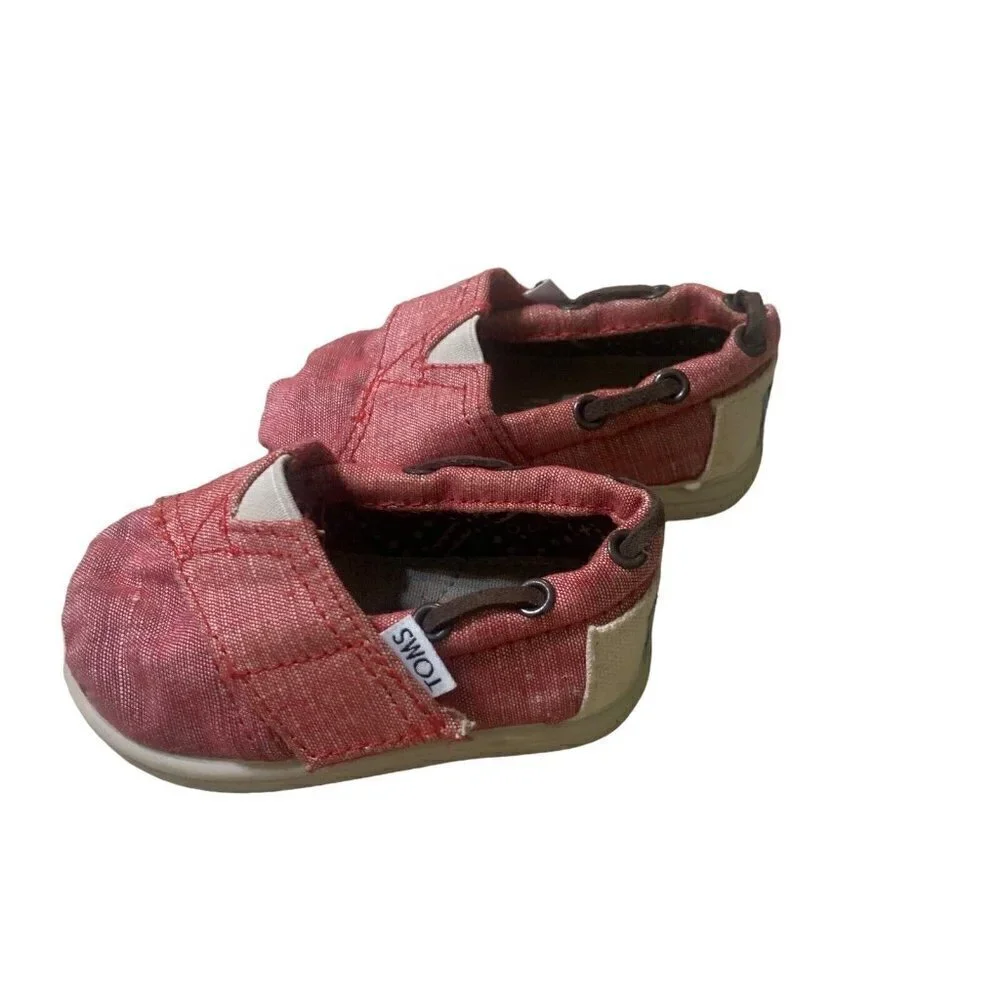 Toms Toddler Tiny Alpargata Woven Slip on Shoes Size T4 Red Leather Accents Red